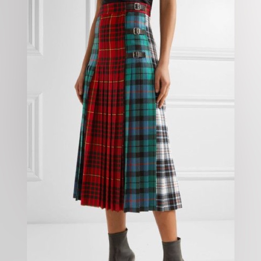 Authentic Gucci Multicolor Plaid Wool Leather Trim Pleated Midi Skirt, S IT40
